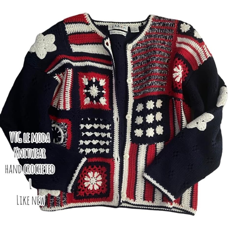 Vintage Le Moda Red White and Blue Crochet Cardigan